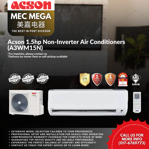 [A3WM15N] Acson 1.5hp Non-Inverter Air Conditioner